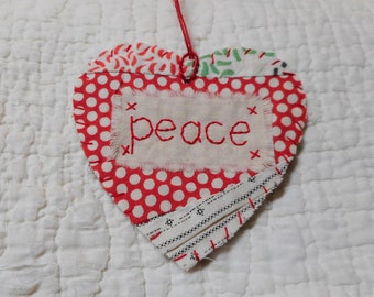 Wordz From the Heart Snippet Ornament - PEACE - Stitched From Recycled Vintage Quilt Piece