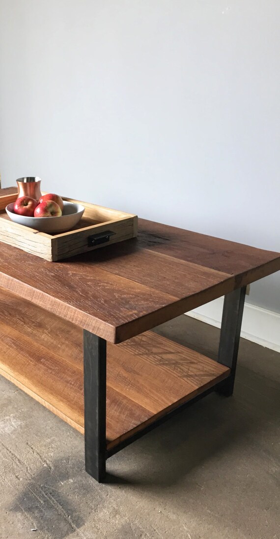 Coffee Table With Lower Shelf / Industrial Reclaimed Wood