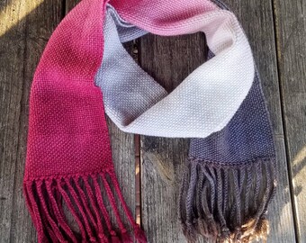 Handwoven Dip Dyed Scarf, Grey and Magenta, Pink and Grey, 100% Superwash Wool, Very Soft, Braided Fringe, Asymmetrical, Watercolor, Warm