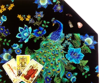 Peacock Tarot cloth or Altar Cloth lined in cotton velvet or silk 18" x 20" Midnight Plumes Feathers Floral Runes Cloth