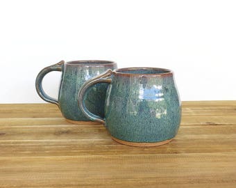 Stoneware Pottery Mugs, Sea Mist, Rustic Ceramic Mugs, Handmade Mugs, Rustic Kitchen - Set of 2