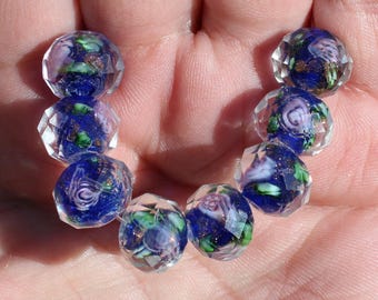 Pearls faceted Rondelle Lampwork multicolor Blue 12 X 9 mm AT