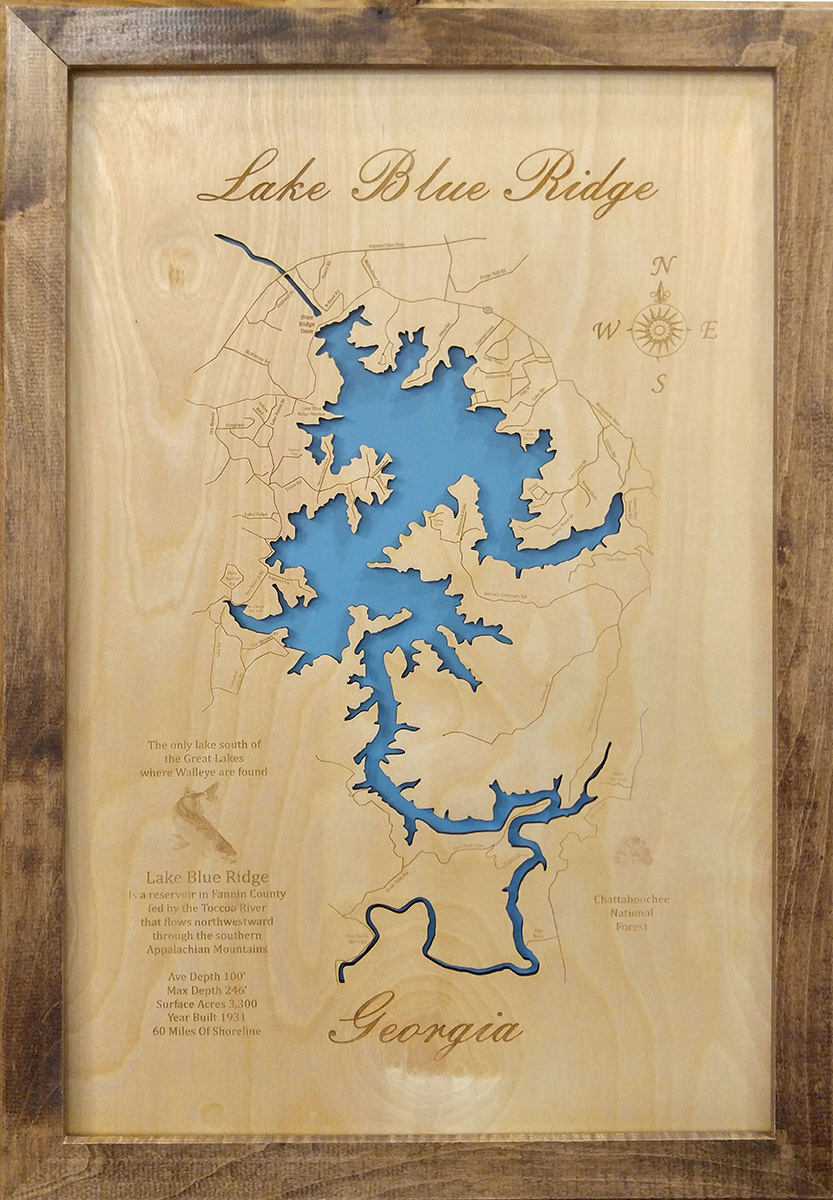 Wood Laser Cut Map of Lake Blue Ridge Georgia Topographical