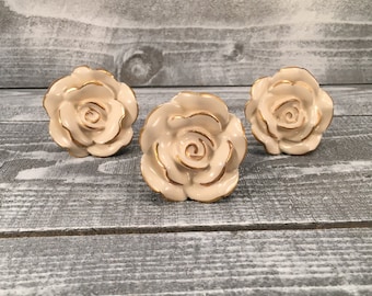 Knobs, Decorative Cream & Gold Rose Drawer Ceramic Knob, Instant Furniture Upgrade Ceramic Drawer Pulls, Item #500907840
