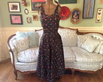1950s Sun Dress Astro Print Full Skirt / Rockabilly Dress / Vintage Dress