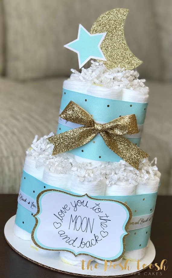 Mint Gold Moon and Star Diaper Cake Baby Shower Centerpiece