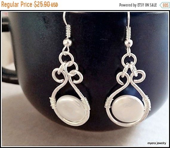 SALE Pearl Wirewrap Earrings, Statement Earrings, Pearl Drop Earrings, Small Dangle Earrings, Classic Womens Earrings, Womens Pearl Earrings