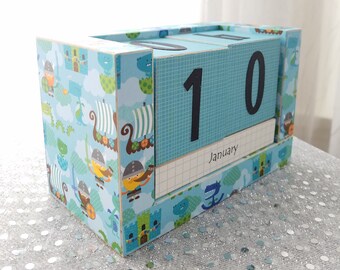 Perpetual Wooden Block Calendar - Calendar Blocks - Vikings, Sailing Ships, Fire Breathing Dragons, Sea Monsters - Great for Boys