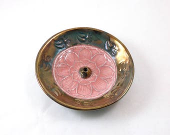 Incense Burner Lotus Aum Handmade Raku Ceramic Pottery