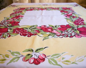 Tablecloth Vintage Print Fruit Cherries & Apples with Grapes and Pears / Retro Table Cloth
