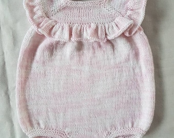 Hand-knitted 100% cotton 4ply ruffle romper suit in pale pink/white 3-6 months