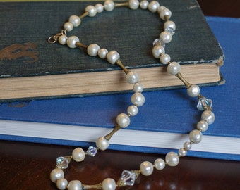 Vintage Pearl and Crystal Necklace/ Wedding Jewelry/ Bride/ Flapper Costume/ Great Gatsby/ Faux Pearl Necklace
