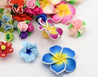 20 Pieces 12mm - 40mm Rainbow Mix Polymer Clay Flower Beads Frangipani Flower Beads Clay Beads