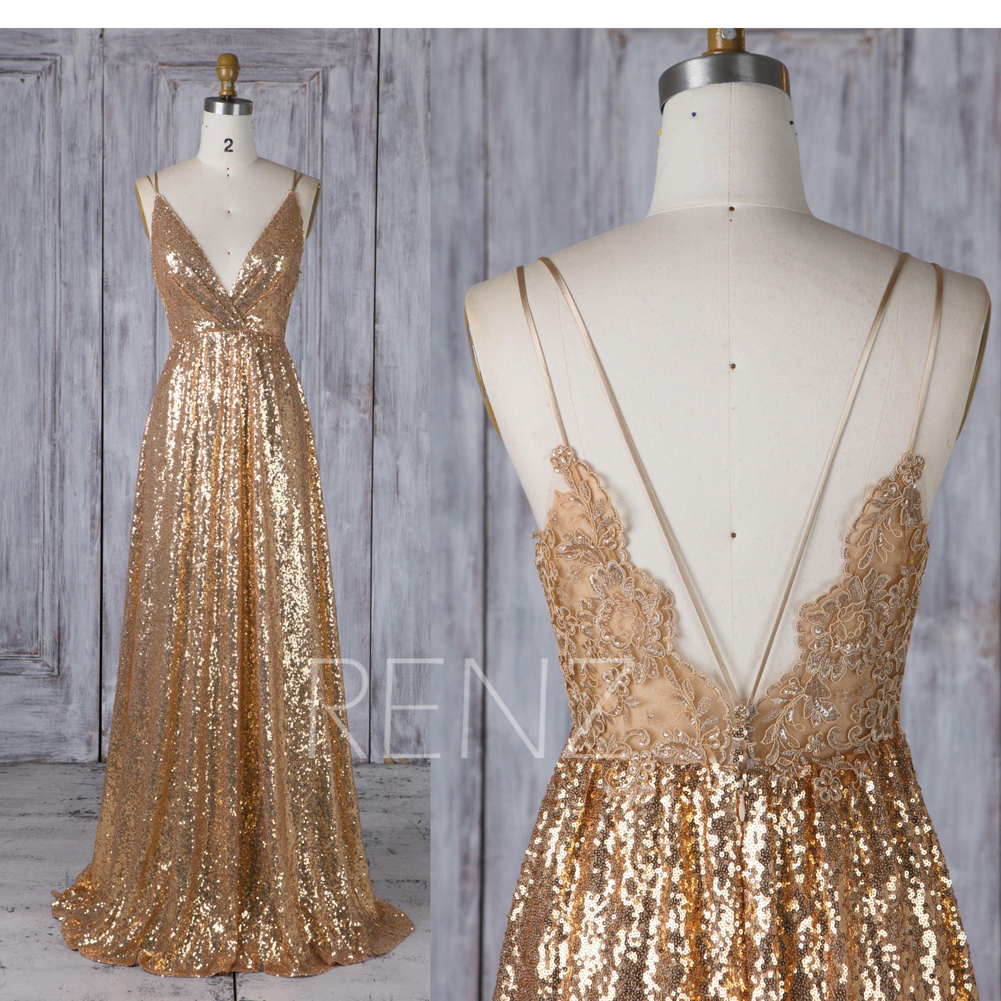 Bridesmaid Dress Gold Sequin DressWedding DressSpaghetti