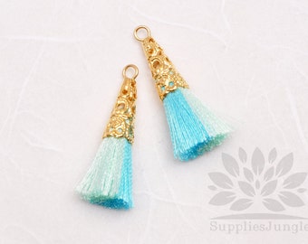 T003-01-MSM// Gold Plated Cone Multi Sky Blue, Mint 34mm Tassel Pendant, 4pcs