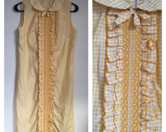 Vintage 1960's Yellow Gingham Peter Pan Collar Ruffled Mod Shift Scooter Dress Medium M