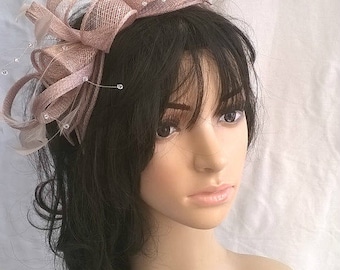 Stunning latte Sinamay and Feather rosette Fascinator with crystal stamens