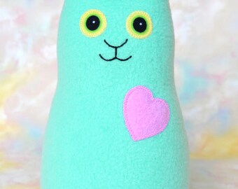 Handmade Cat, Stuffed Animal Plush Kids Baby Doll Art Toy, Hug Me Kitten, Personalized Hang Tag, Aqua Turquoise, Orchid Fleece, 9 inch