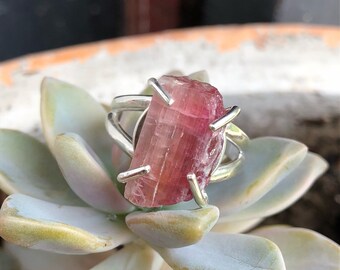 Natural Pink Tourmaline Crystal Sterling Silver Ring