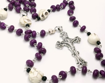 Lutheran Prayer Beads — White Skulls and Purple Stones — 5 Decades