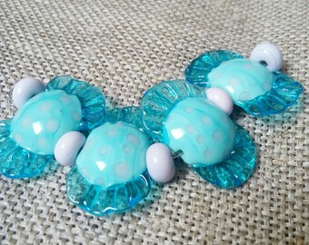 4 pcs Lampwork Bead - Pink Blue - Glass Lampwork Beads Set
