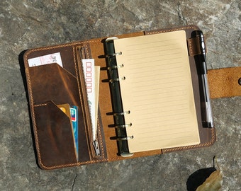 Personalized distressed leather journal A6 ring binder planner / refillable vintage leather travel organizer notebook NA605TB