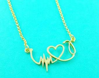 Gold or Silver Stethoscope Necklace, Pulse Necklace, Cardiogram Necklace, Nurse Necklace, Doctor, Lifeline, Pulse, ECG, EKG, Med School Gift