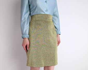VINTAGE Gold Skirt 1980s Metallic High Waist Pencil Medium