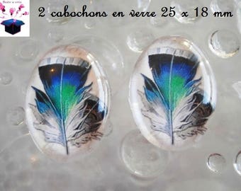 2 cabochons glass 25mm x 18mm theme feather