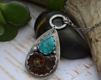 SALE: WAS 149- Kingman Turquoise and Ammonite Fossil Necklace