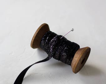 Black Glitter Velvet Ribbon (with Wooden Spool) - 5 yards - 3/8" wide
