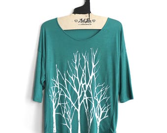 SALE Small - Teal 3/4 Sleeve Dolman Top with Branch Trees Screen Print