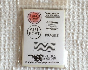 Rubber Stamp - Vintage Postage Mail Art - Red Rubber Vinyl Cling Style Rubber Stamp by Red Lead - For Paper Crafts, Cards, Art Journals