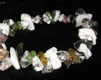 Tourmaline, Mother of pearl and Rock Crystal - 3 Gemstone Bracelet - one size fits all