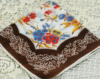 Vintage Hankie Brown on White With Oranges and Blues #D-54