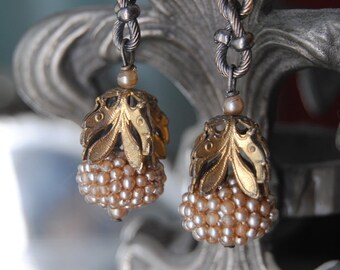 Seed Pearl Bombs--Vintage Faux Seed Pearl Clusters Vintage Brass Leaf Caps Vintage Link Chain EARRINGS