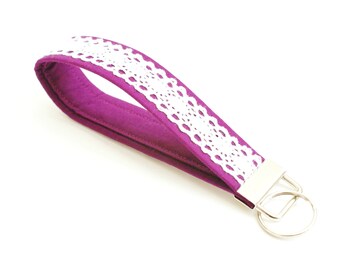 Berry Purple and Lace Key Fob - 5 Inch Loop - Short Lanyard - Key Wristlet - Key Ring Chain - Fabric Keychain - Key Wrist Strap - Lace Fob