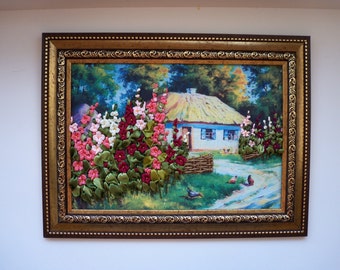 Mellow Embroidered Ukrainian Landscape with house, flowers, chickens and forest