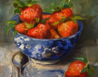 Blue Bowl of Strawberries, 8x8 oil painting on panel, red strawberries, blue & white bowl; Wedding, Shower, Christmas gifts; kitchen art