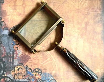 Victorian Replica Extra Large Rectangular Magnifying Glass. Antiqued Brass and Horn. Sherlock Holmes Never Had Better!