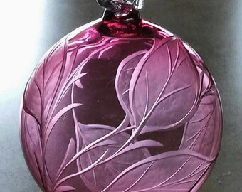 Round Ornament, Hand Blown Ornament, Engraved Ornament, Cranberry Ornament, Glass Ornament, Christmas Ornament, Art Glass Ornament