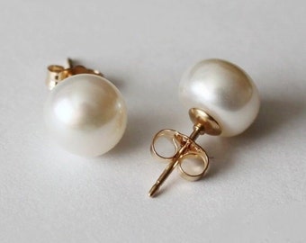 8-8.5 mm AAA gold filled genuine pearl earring studs- Pearl stud earrings- Gold pearl studs - Bridesmaids earrings- Birthday gift