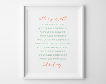 Girls Bedroom Wall Art, Typography Wall Art, Gift for Her Positive Affirmation, Coral Mint Inspirational Teen Room Decor Girls Bedroom Decor