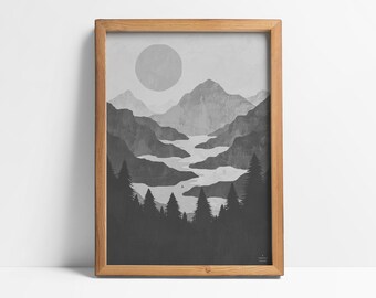 Mountains Art Print, Modern Geometric Art, Black & White, Scandinavian Minimal, Contemporary Wilderness, Digital Download Wall Art Printable