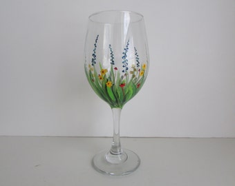 Hand painted wine glass with flowers spring glass summer wine glass floral print wine glass wedding glass custom glass custom painted glass