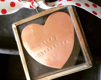 Handstamped copper in a glass frame hanging decoration