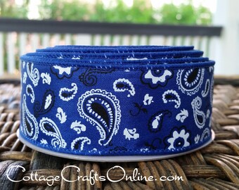 Wired Ribbon, 1 1/2" Royal Navy Blue Bandana Paisley - TEN YARD ROLL - "Bandana" Summer, Americana, Western Wire Edged Ribbon