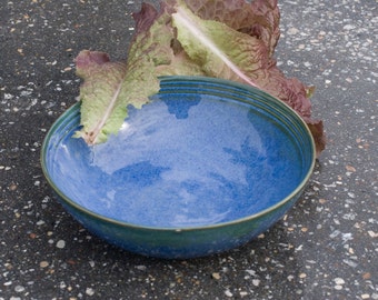 Soup or Salad bowl, Ocean Blue with hints of Green, Blue Green, Natural Patina High Fire Stoneware, Hand Painted, Ready To Ship