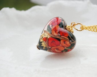 Black & Red Murano Glass Heart Necklace