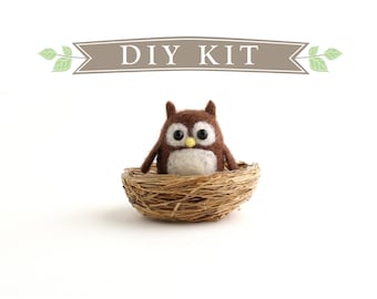 DIY Kit - Little Owl in a Nest Needle Felting Kit - Needle Felted Animal Kit